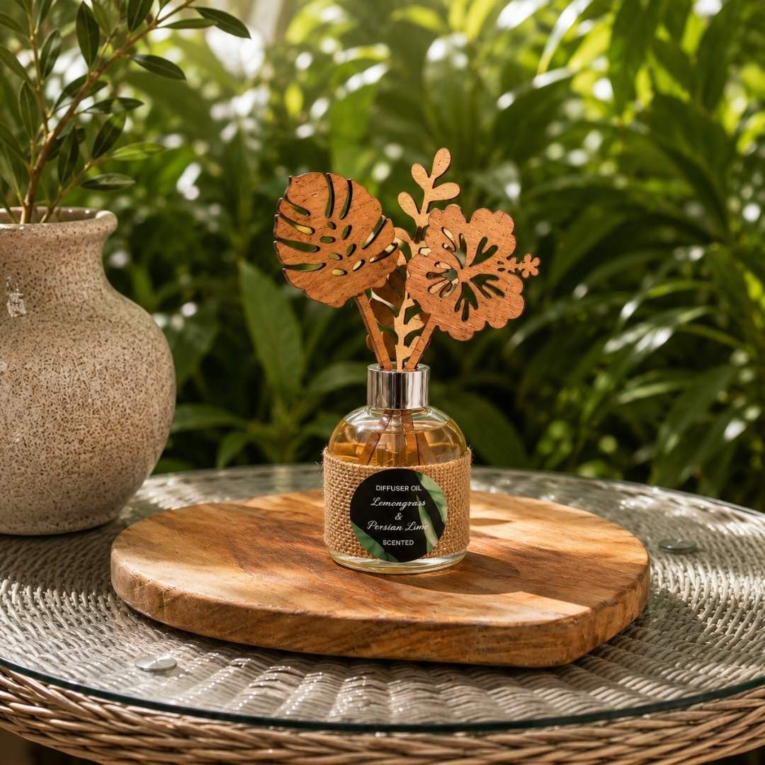 Decorative diffuser with wooden leaf design on a round wooden coaster with a greenery background