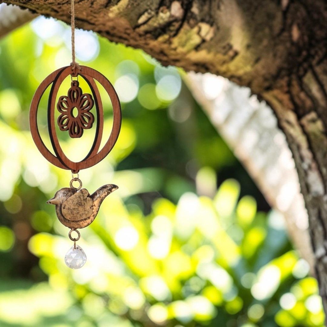 Decorative hanging ornament with a bird design on a tree branch